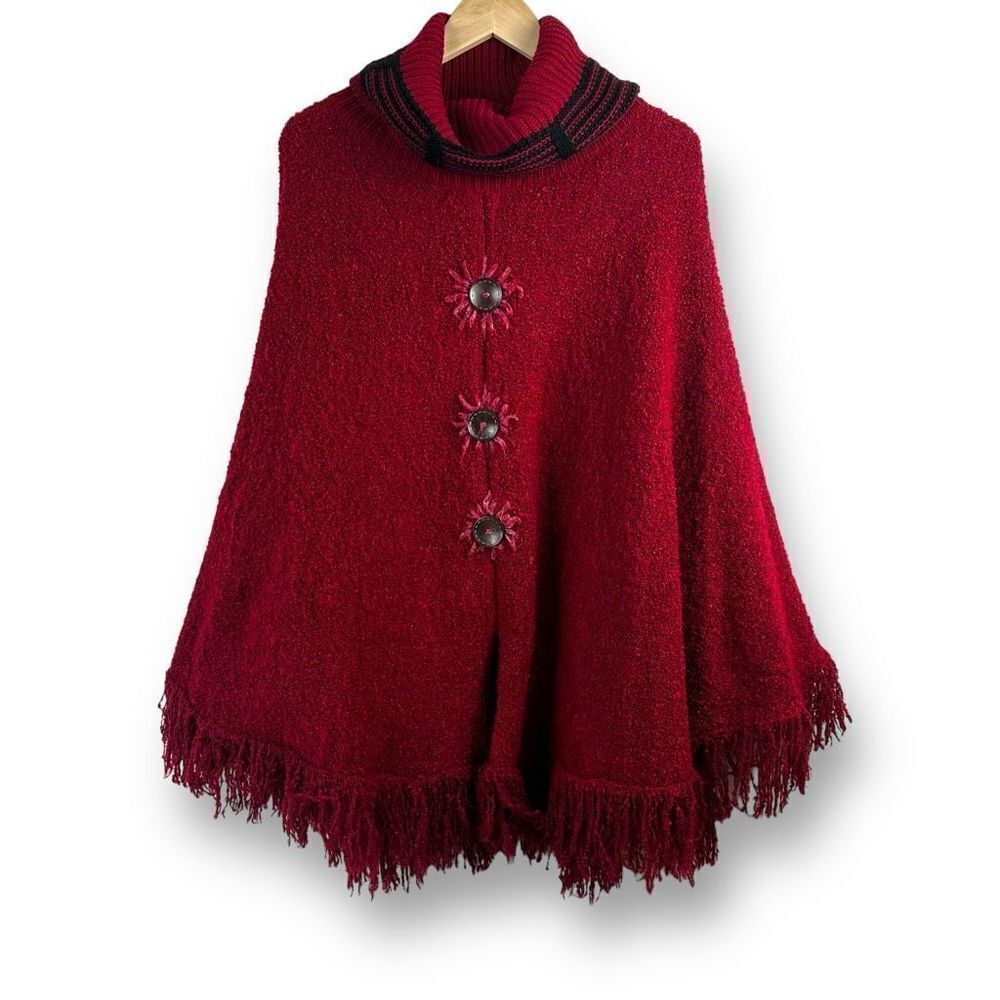 Kessley Women's One Size Turtleneck Poncho Sweater Deep Red Fringe Wearable‎ Art